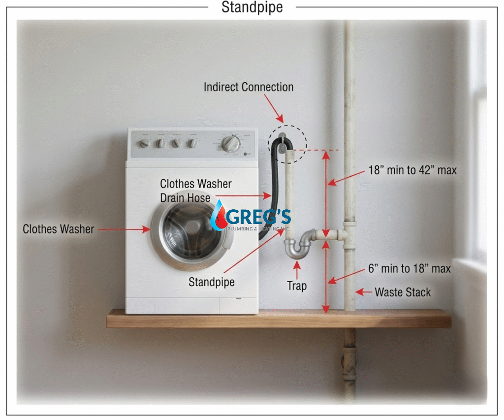 diagram of clothes washer shwoing standpipe and trap