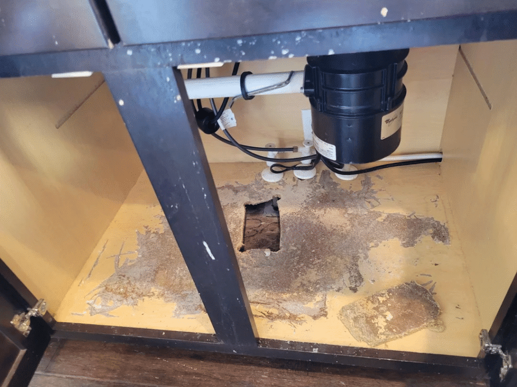 Kitchen sink leaked and soaked the base wood of the cabinet