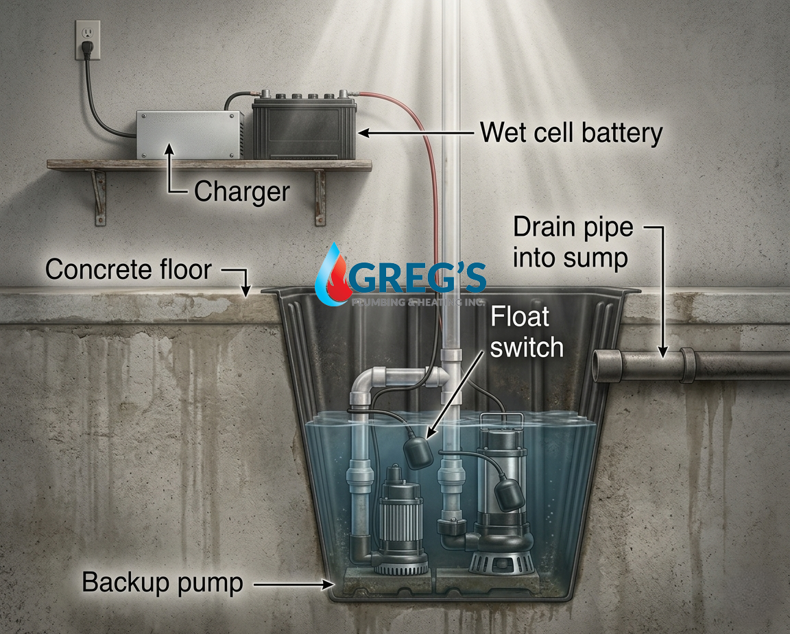 illustration of Dedicated DC backup pump and deep-cycle battery