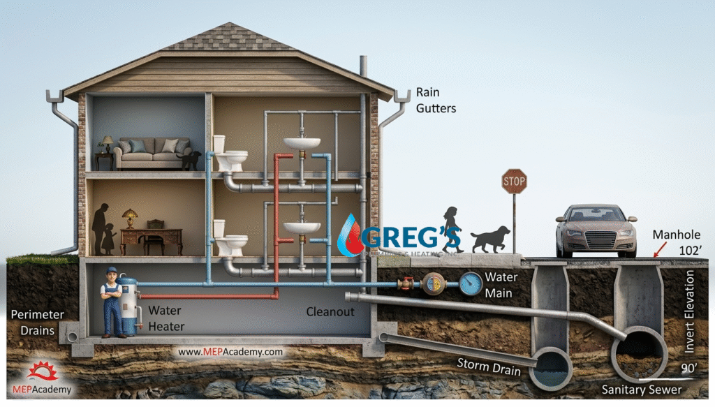 diagram showing house pipes and drainage