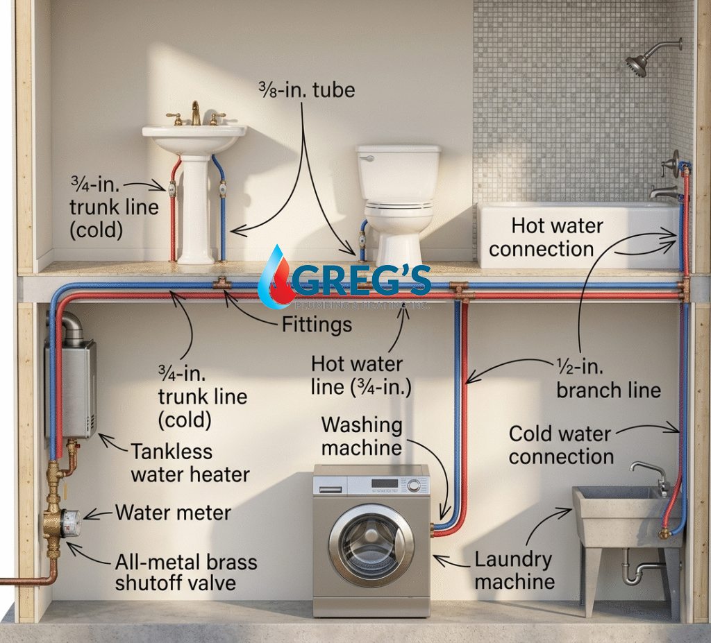 Trunk-and-branch plumbing system of a house