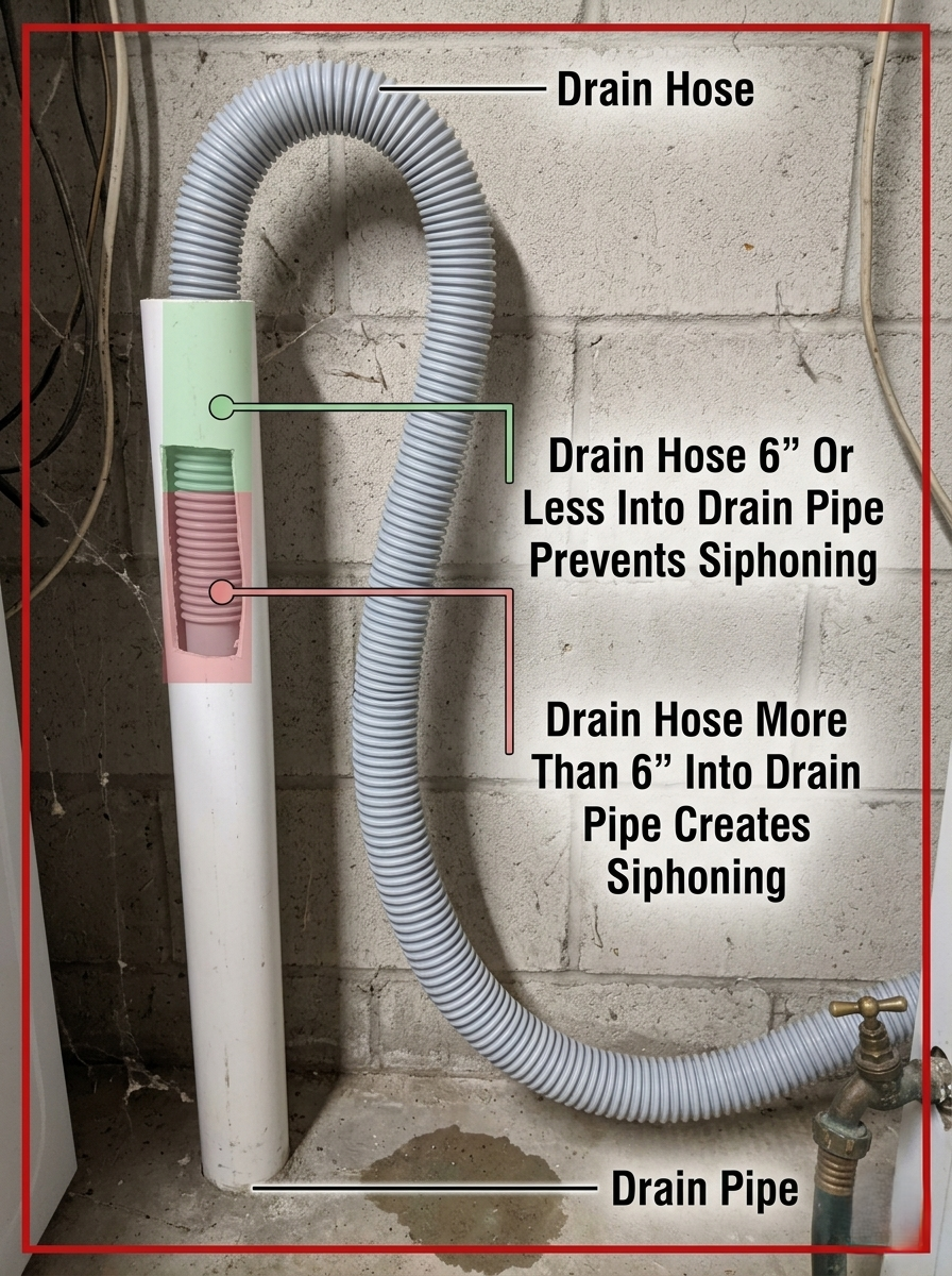 correct positioning of a drain hose within a drain pipe