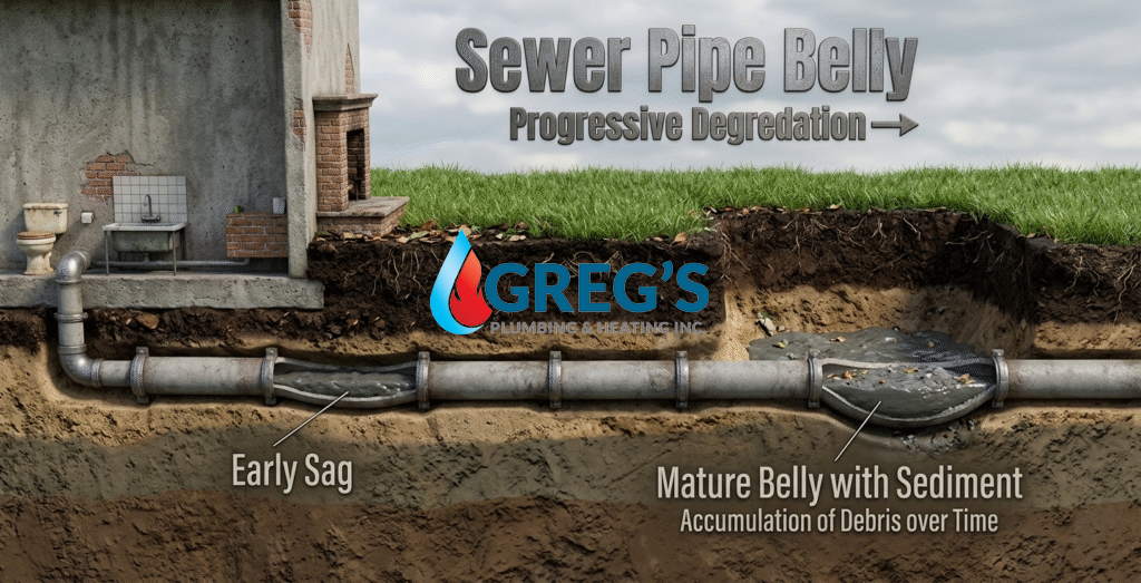 Illustration of a sewer pipe belly showing a sagging drain line that holds water and debris and can worsen over time.