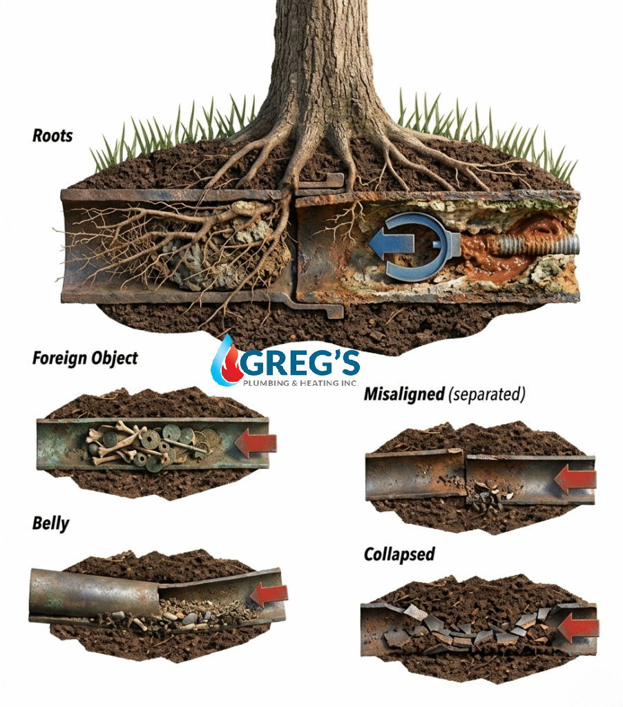 Diagram showing common sewer drain line problems including tree root intrusion, a foreign object blockage, a pipe belly, misaligned joints, and a collapsed pipe.