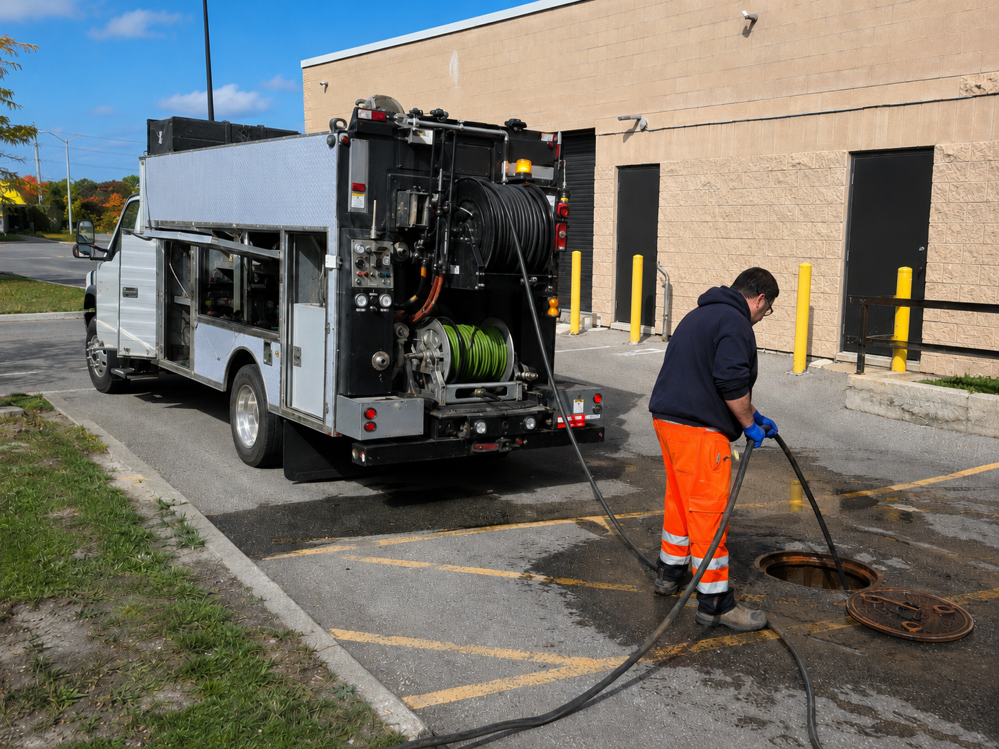 Truck mounted hydro jetting setup outside a commercial building, restaurant, industrial site, or parking lot drain area.
