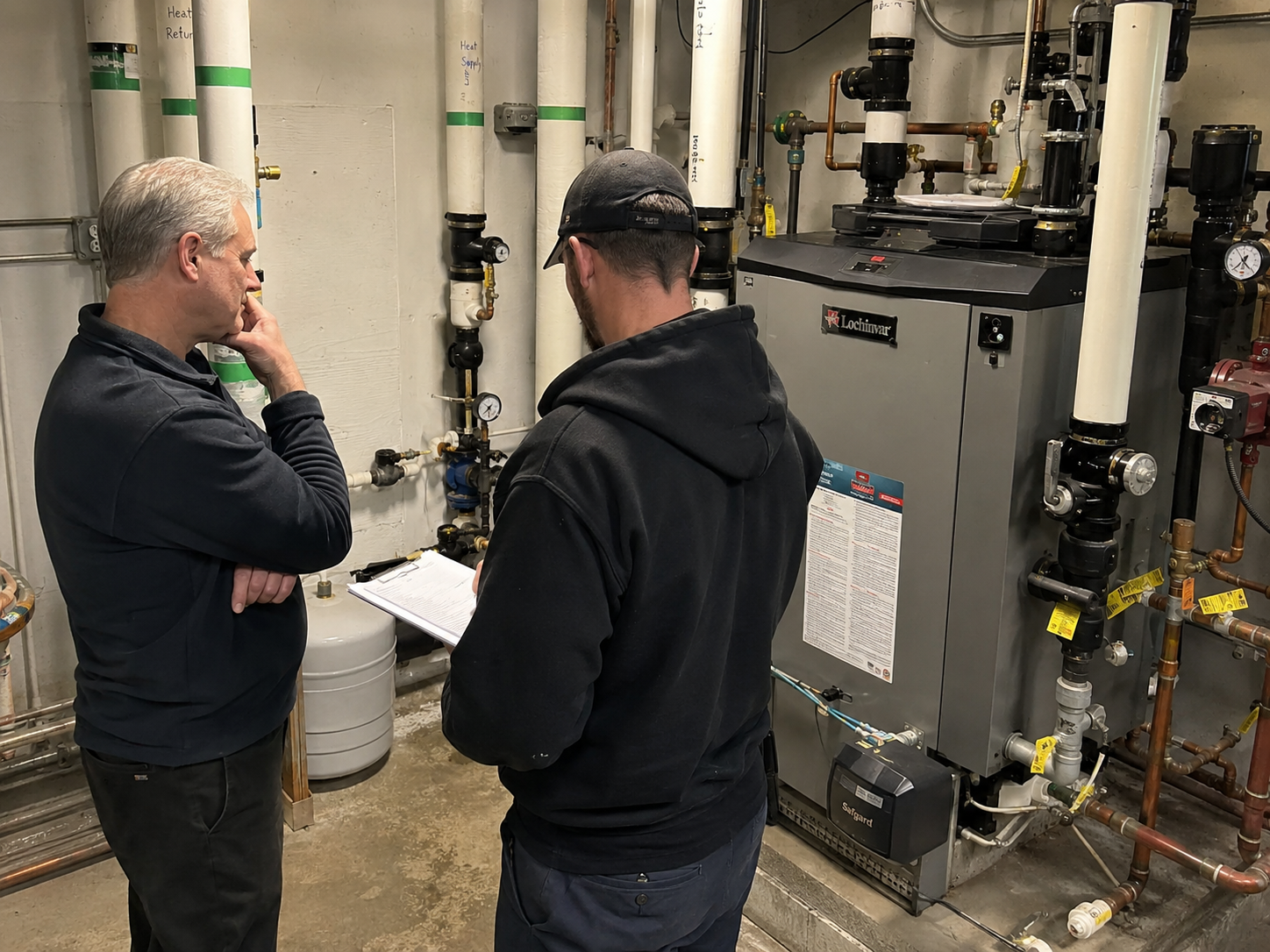 Technician reviewing a commercial boiler system with a property manager in Hamilton