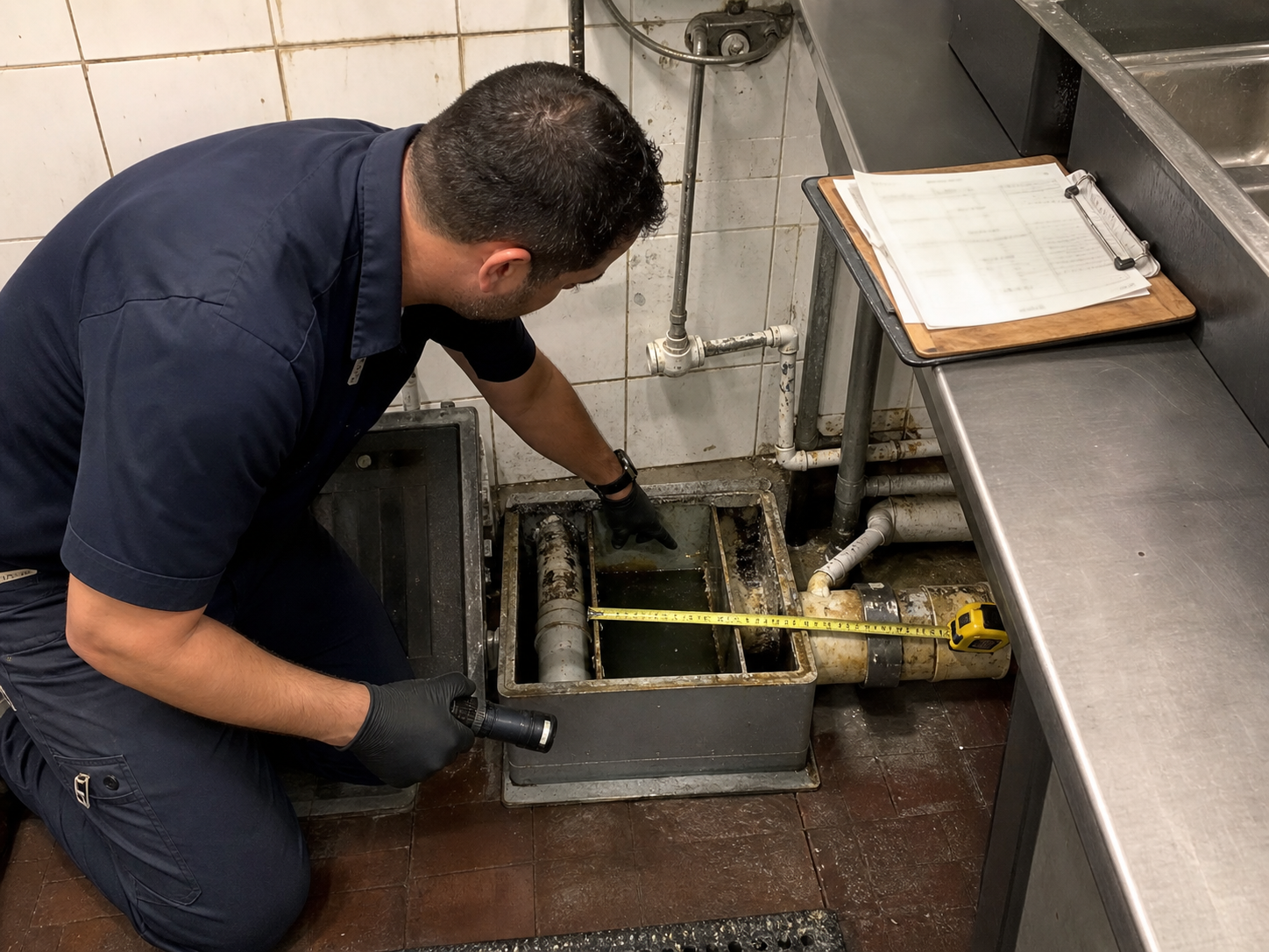 Plumber checking commercial grease interceptor sizing and pipe connections