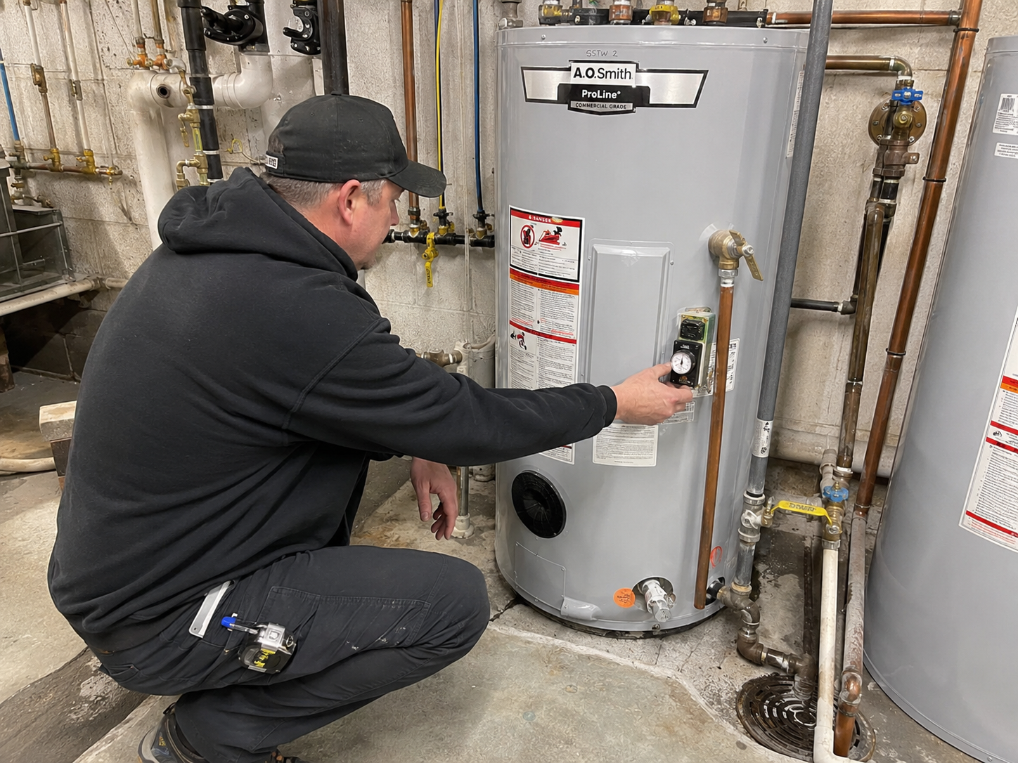 Commercial plumber inspecting an A O Smith water heater in a Hamilton mechanical room