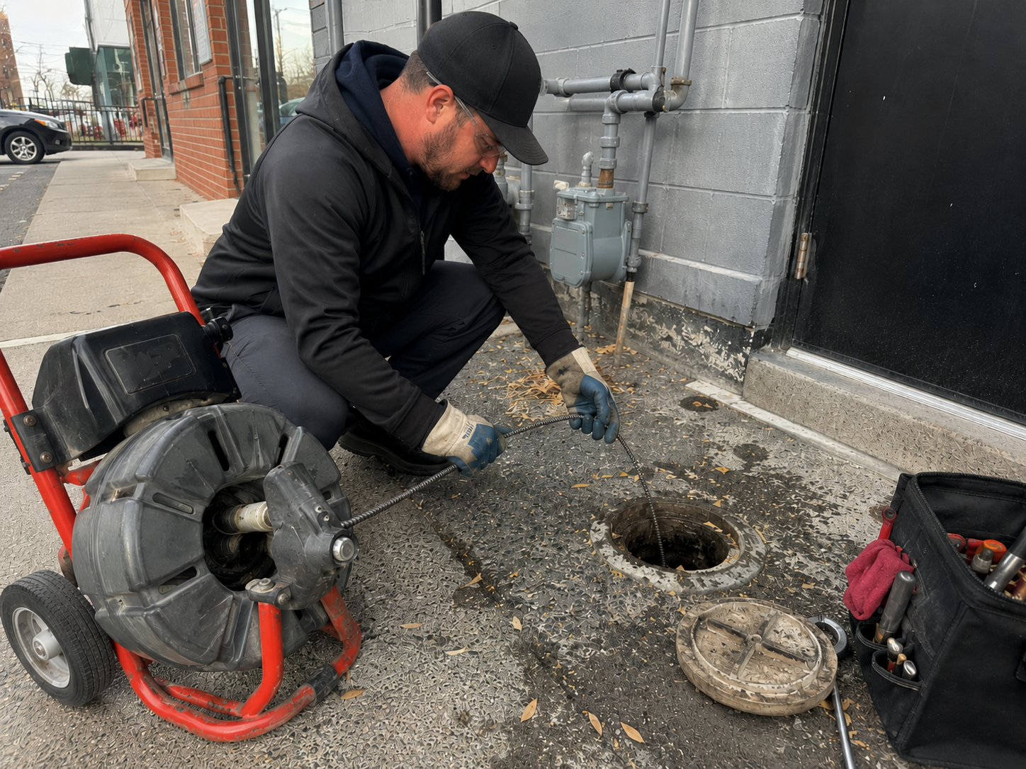 Commercial plumber feeding hydro jetting hose into a commercial drain line or sewer cleanout.