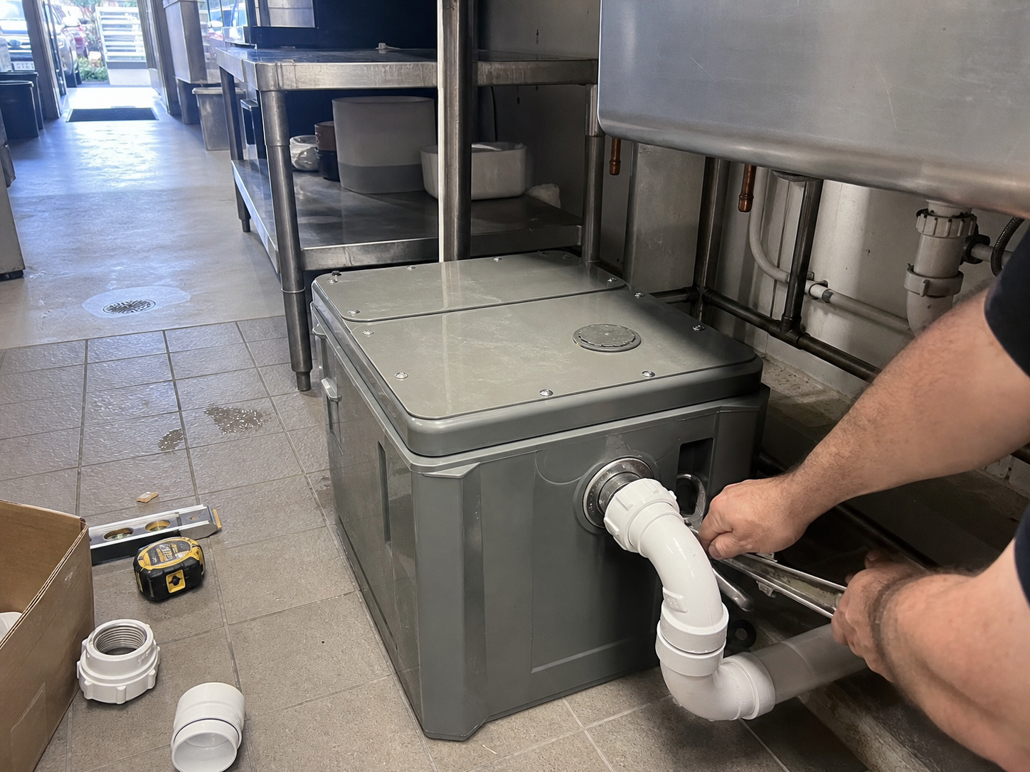 Plumber installing a commercial grease interceptor with PVC drain piping