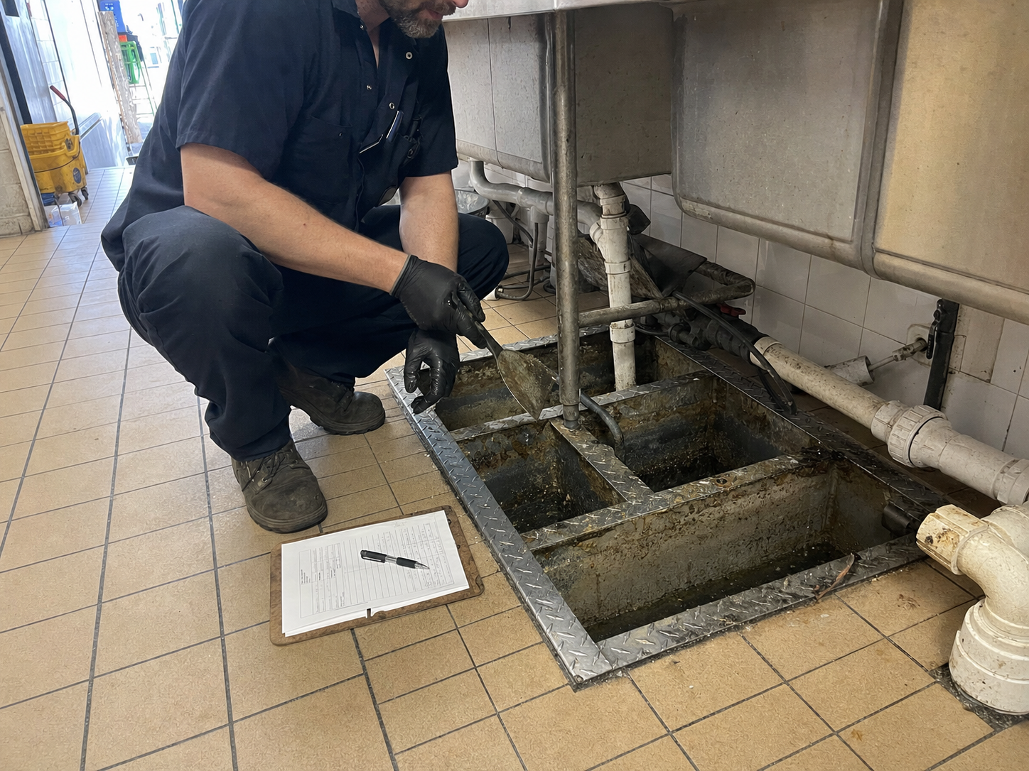 Plumber cleaning an open commercial grease trap under a stainless kitchen sink