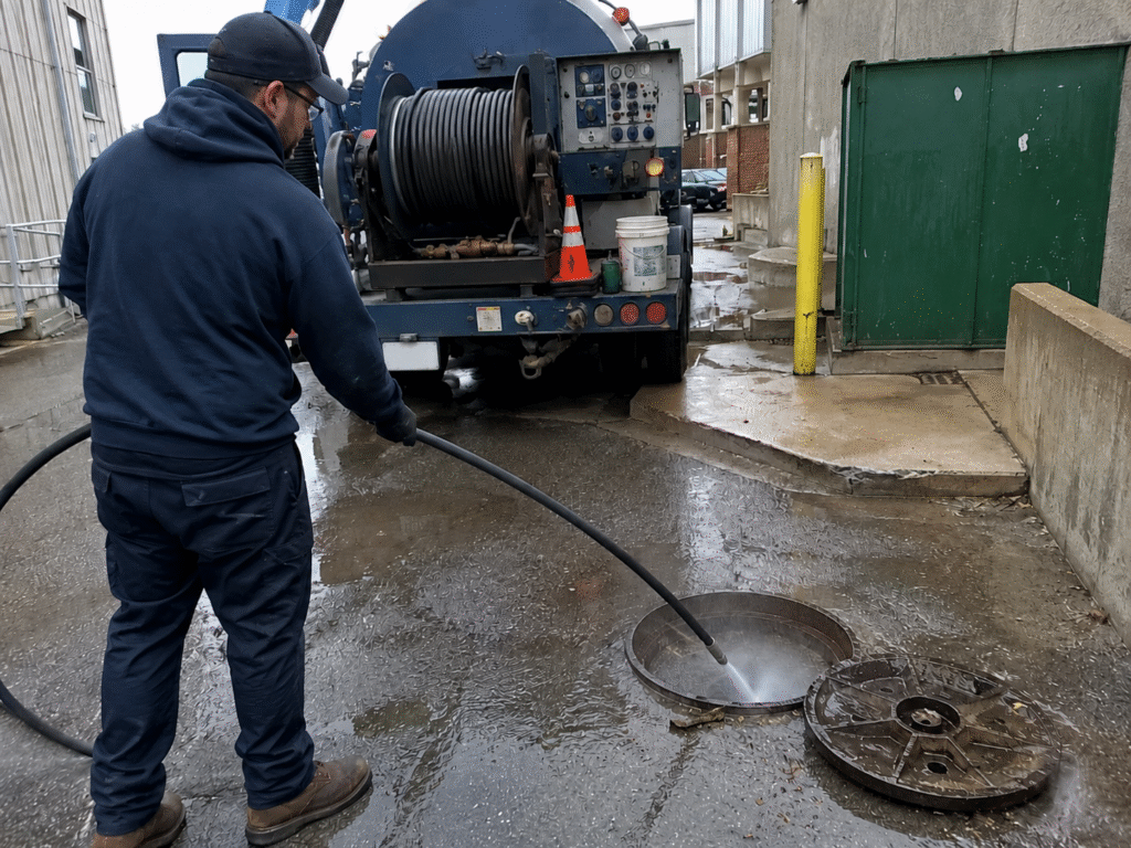 Close up of hydro jetting equipment, hose, nozzle, or truck mounted system on a commercial site.