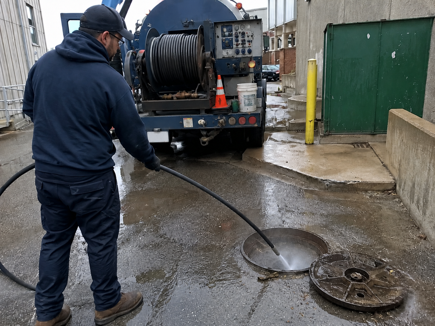 Close up of hydro jetting equipment, hose, nozzle, or truck mounted system on a commercial site.
