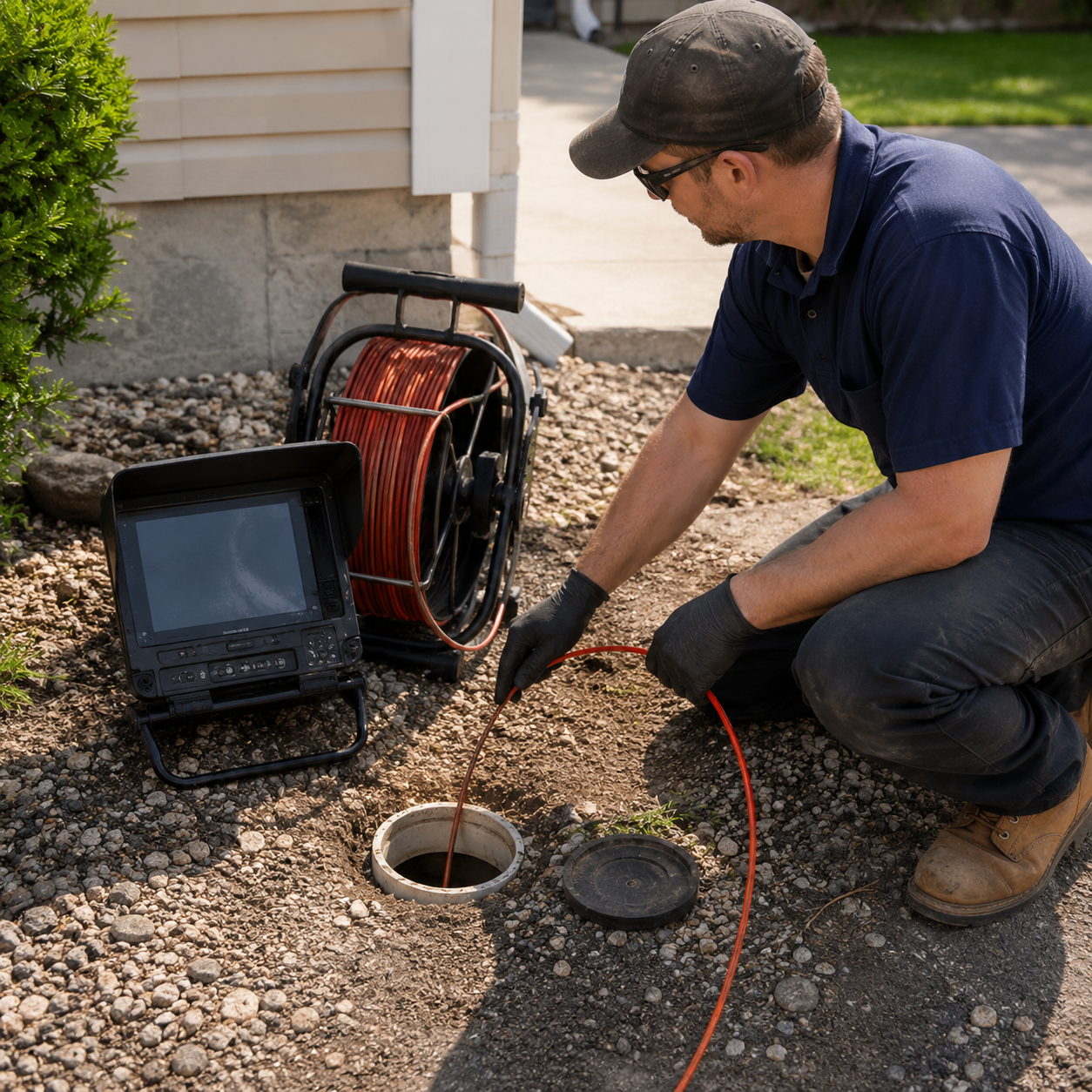 plumber inspecting drain with camera