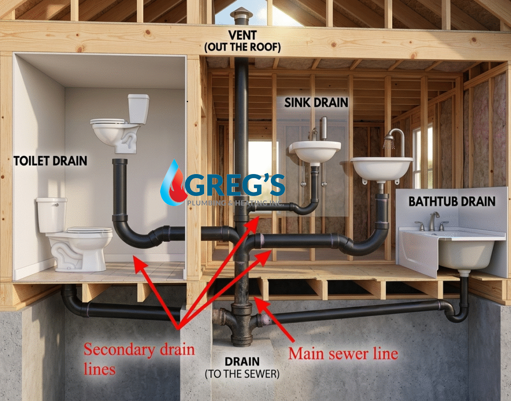 diagram showing connected pipes of a house to the drain and aur vent