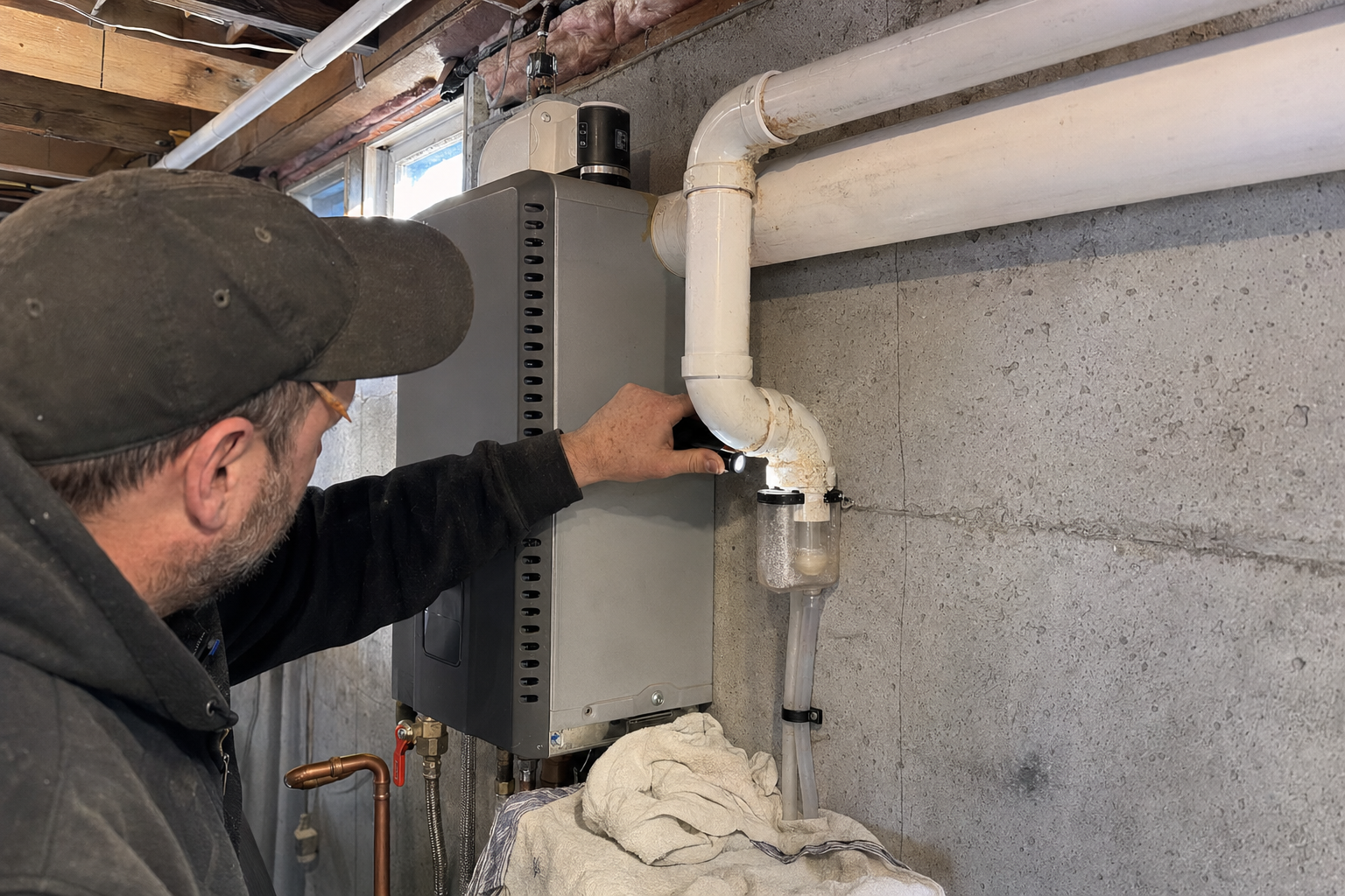 Plumber inspecting tankless water heater venting and condensate drainage