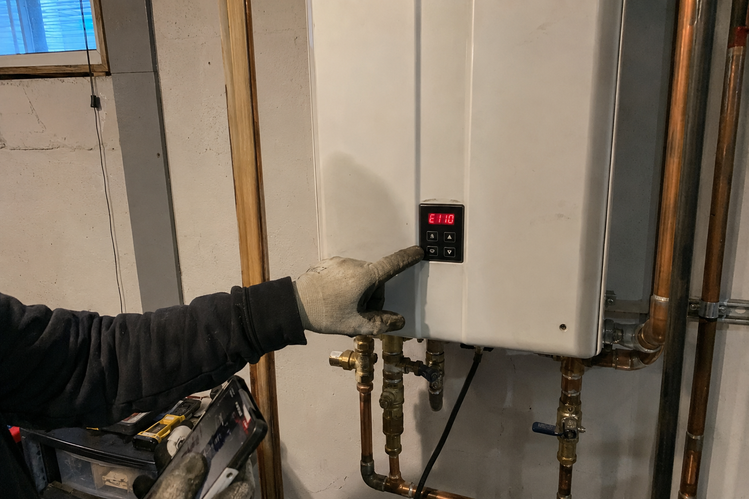 Plumber checking an error code on a tankless water heater display