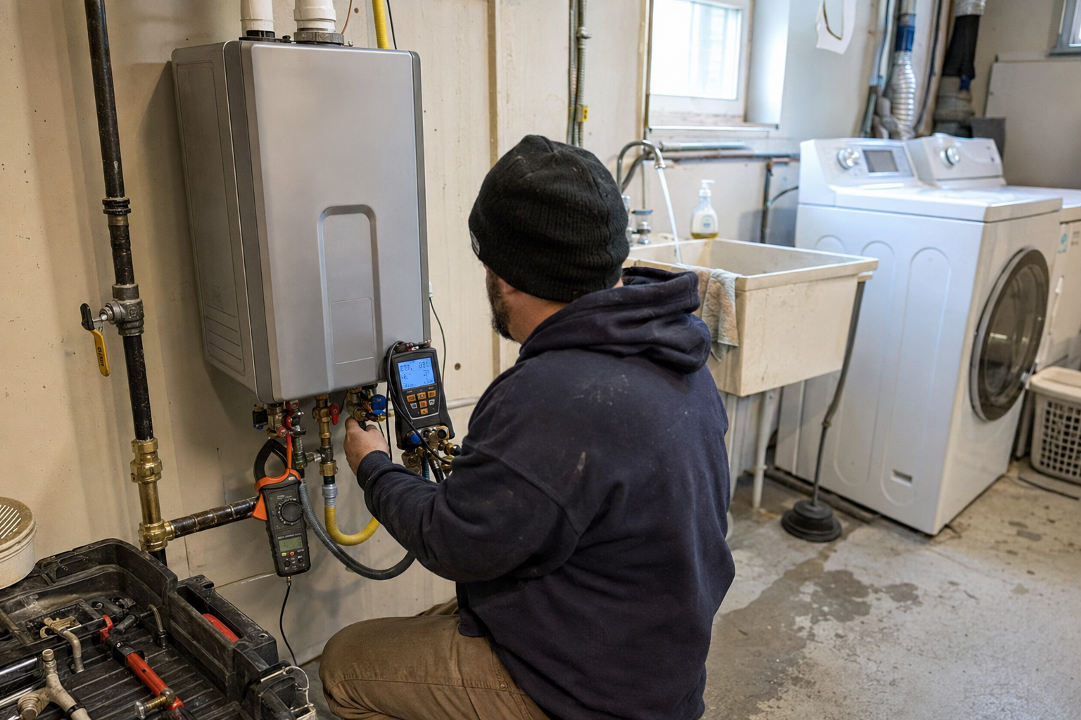 Plumber testing a tankless water heater under high household demand