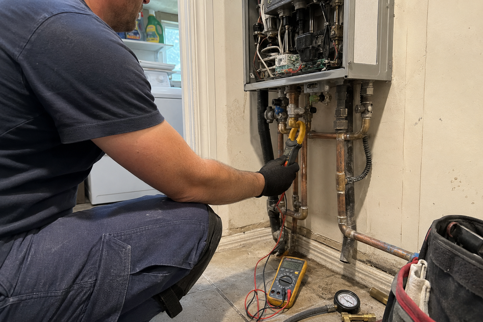 Plumber diagnosing hot and cold water cycling in a tankless water heater