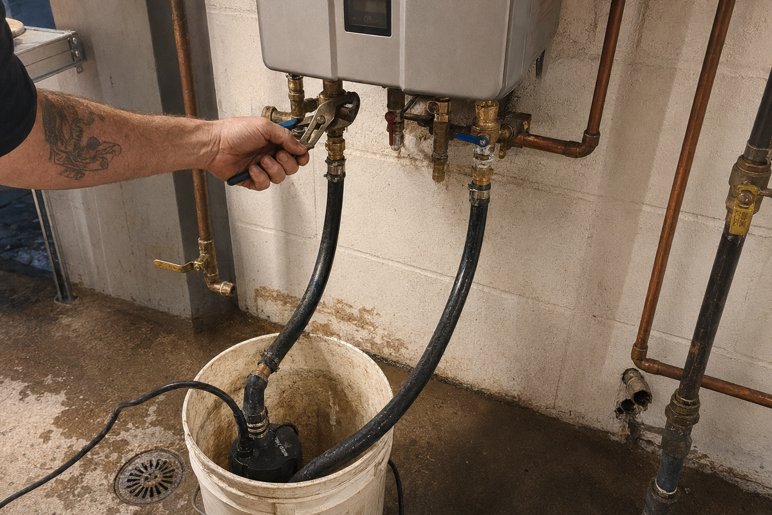 Tankless water heater descaling service using a flush pump and hoses