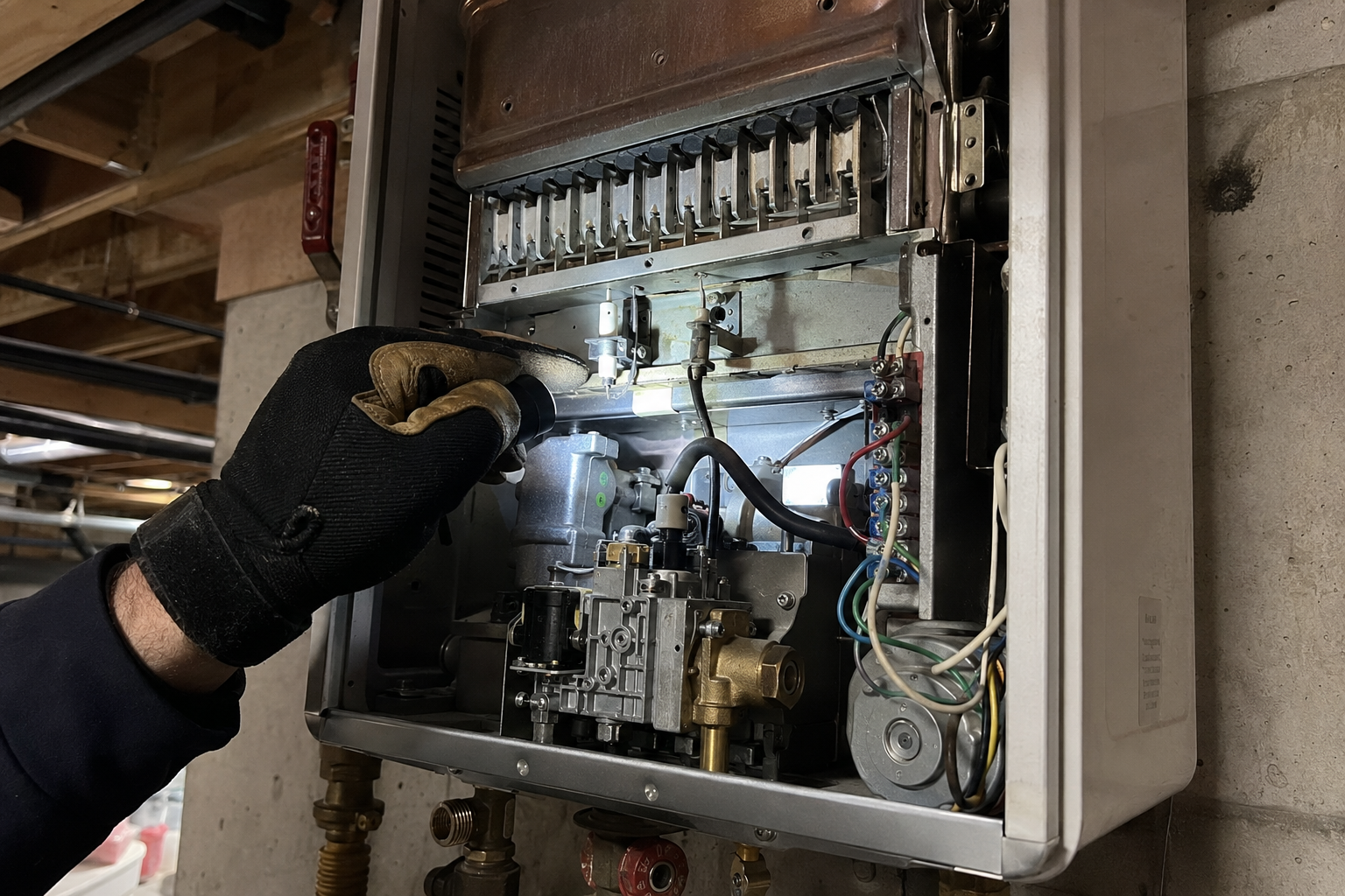Plumber inspecting the ignition components inside a tankless water heater