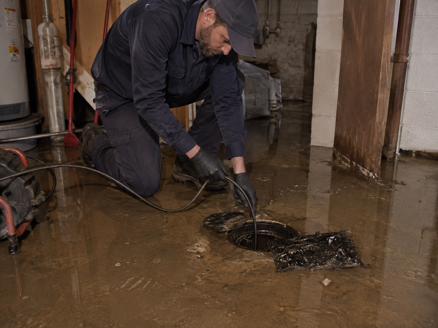 Plumber clearing a sewer backup in a St. Catharines basement